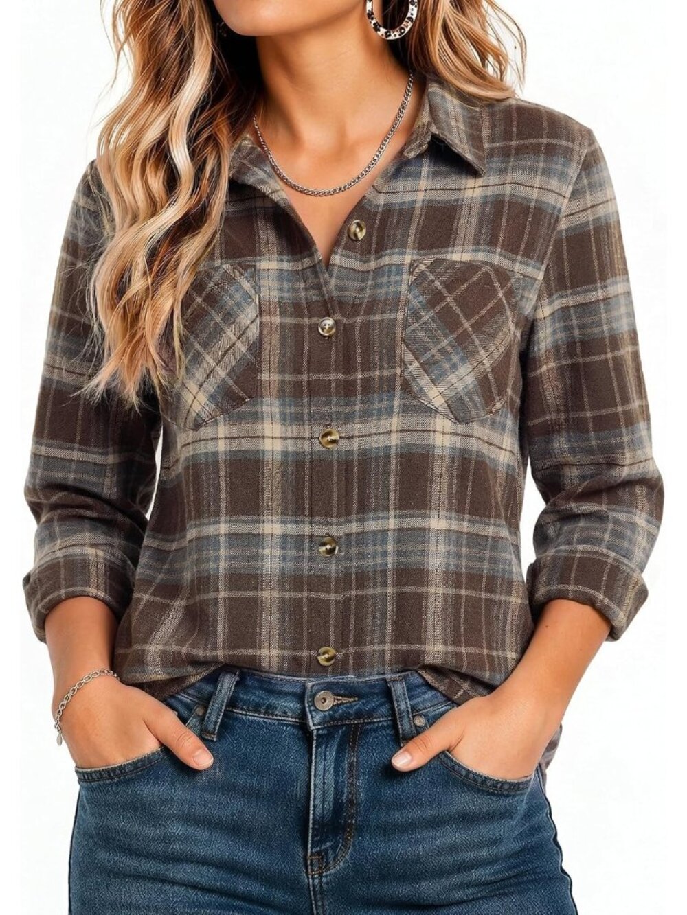 Women's Chocolate Brown Plaid Long Sleeve Button Down Imported Tops Work Blouse